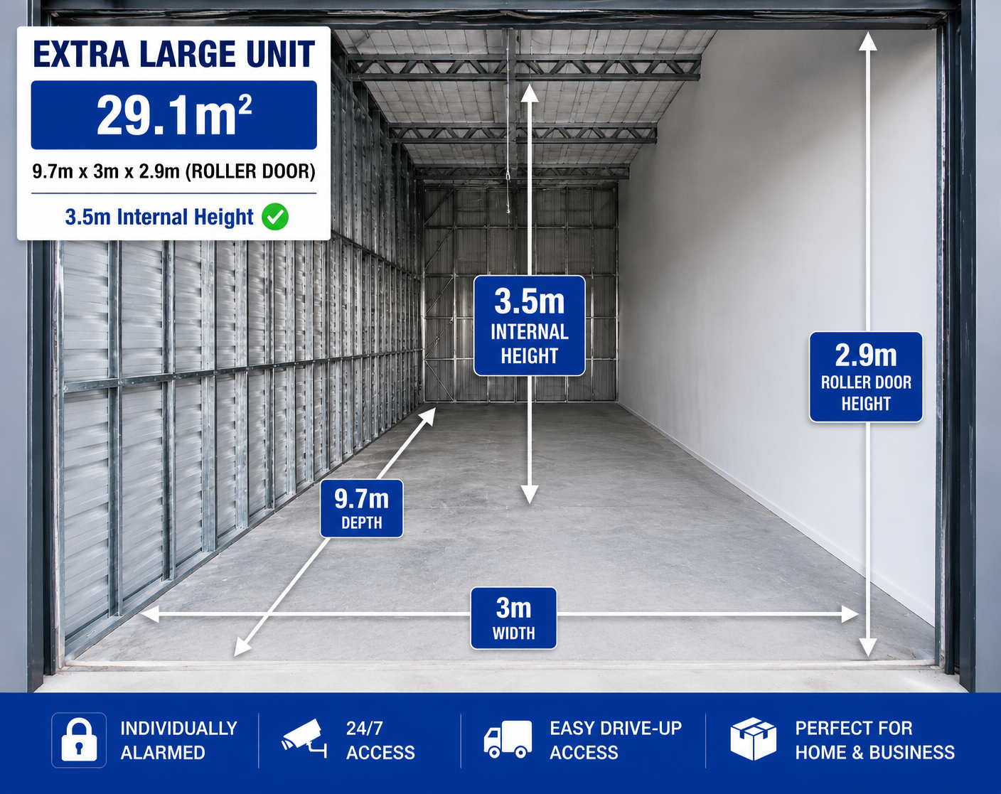 Indoor caravan storage unit at Myt4you Storage Ravenswood with 29.1m² of space, 3.5m internal height and 24/7 access.
