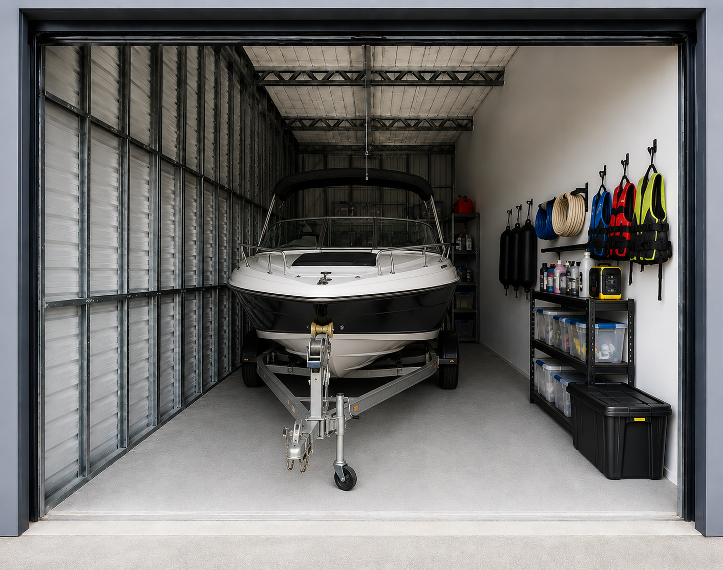 Fibreglass recreational boat on a trailer stored inside a secure self-storage unit with organised boating equipment at Myt4you Storage in Ravenswood, North Canterbury.