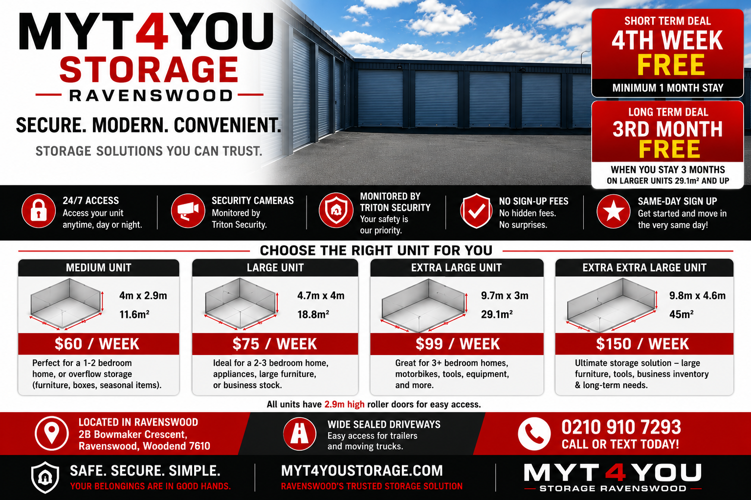 Storage unit sizes at Myt4you Storage Ravenswood including medium, large, extra large and extra extra large units.