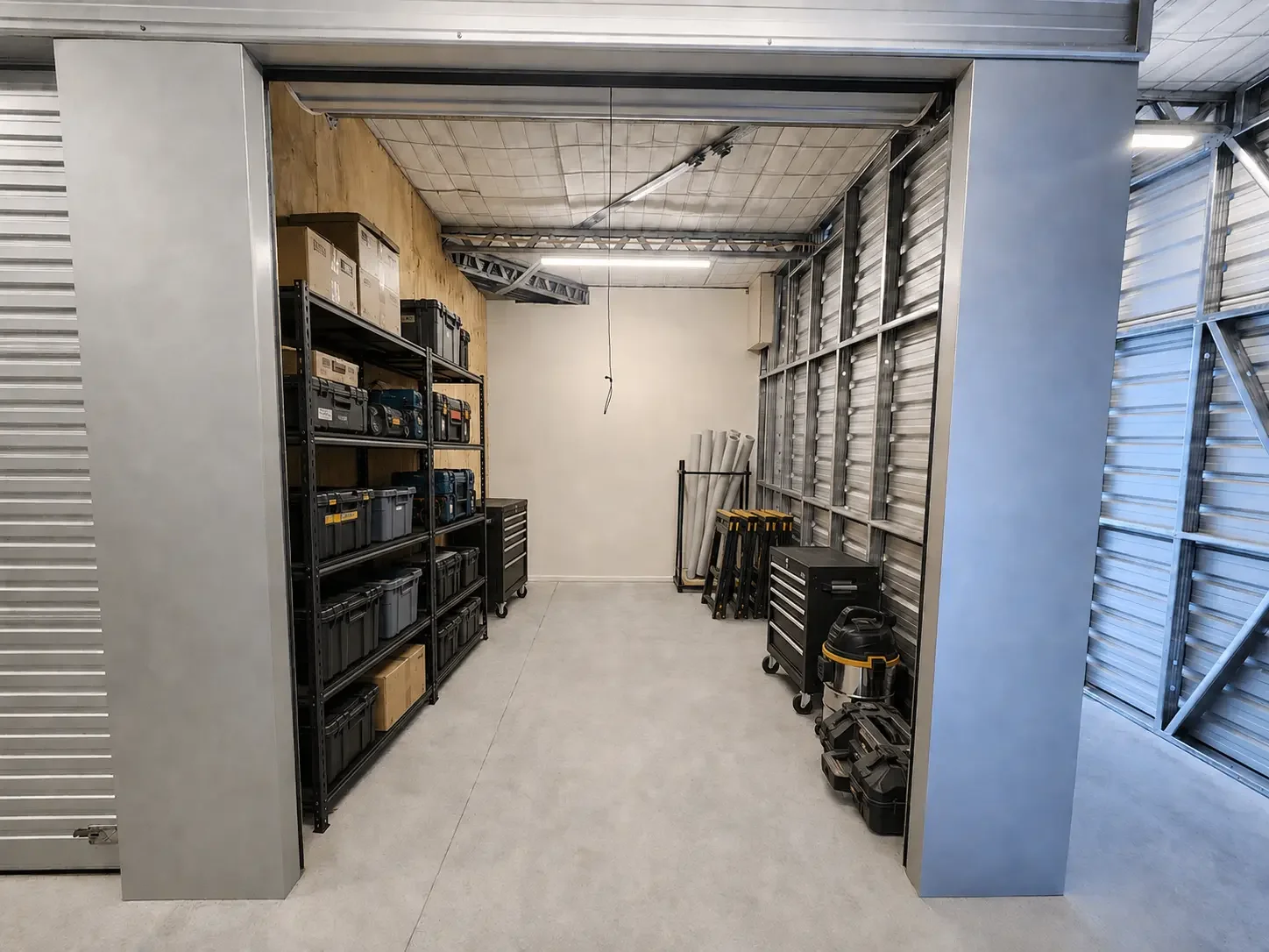 Tradie tools, equipment and portable toolboxes stored inside a unit at Myt4you Storage Ravenswood