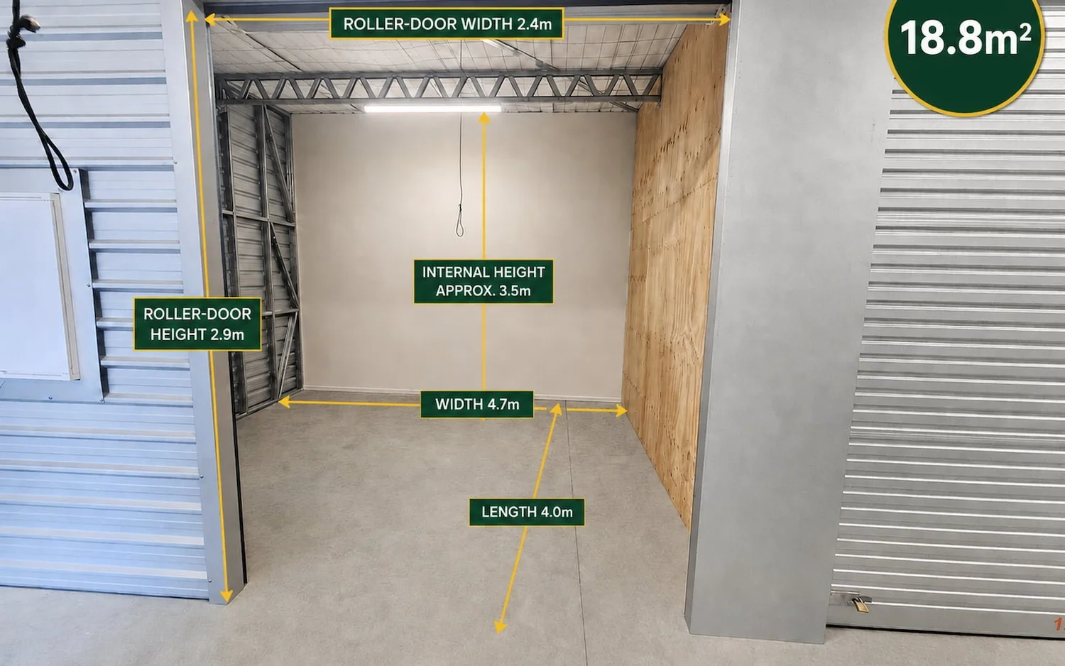 18.8 m² large storage unit measuring 4.7 metres wide by 4 metres long at Myt4you Storage Ravenswood.