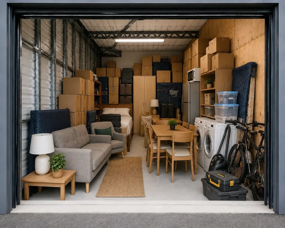 Furniture, appliances and moving boxes packed inside a household storage unit at Myt4you Storage Ravenswood.