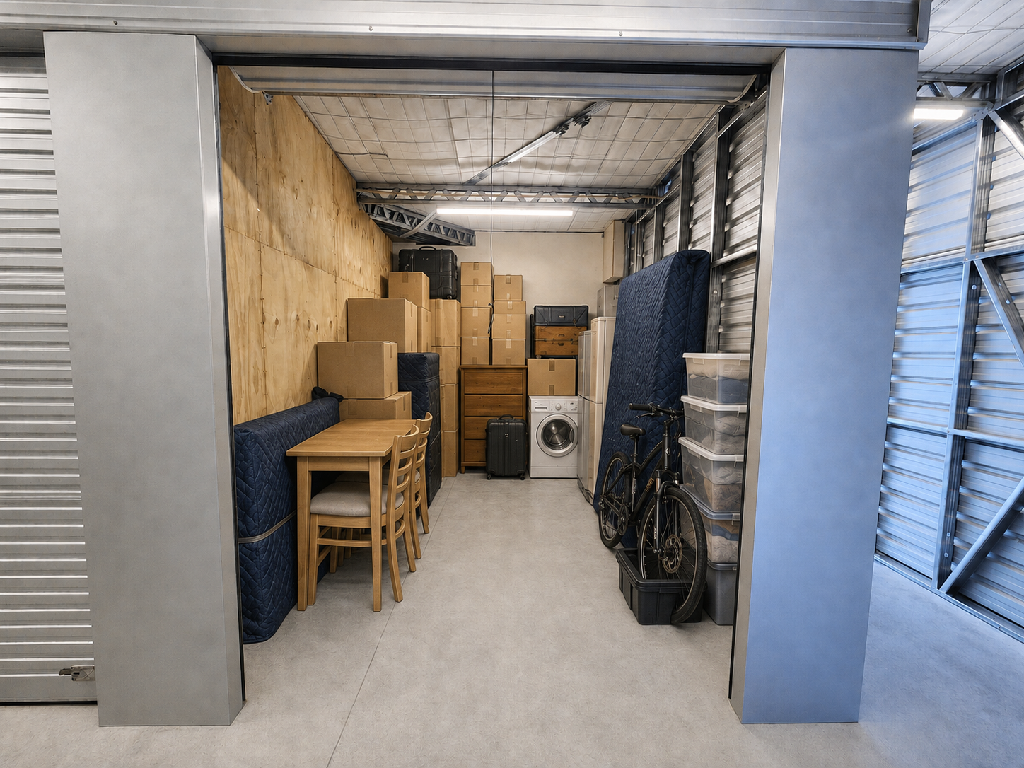Household furniture and boxes stored inside an 11.6 m² unit at Myt4you Storage Ravenswood