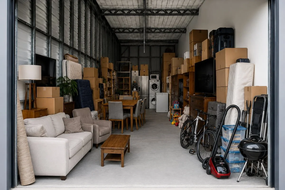 Household furniture, appliances and boxes stored inside a secure storage unit in Ravenswood