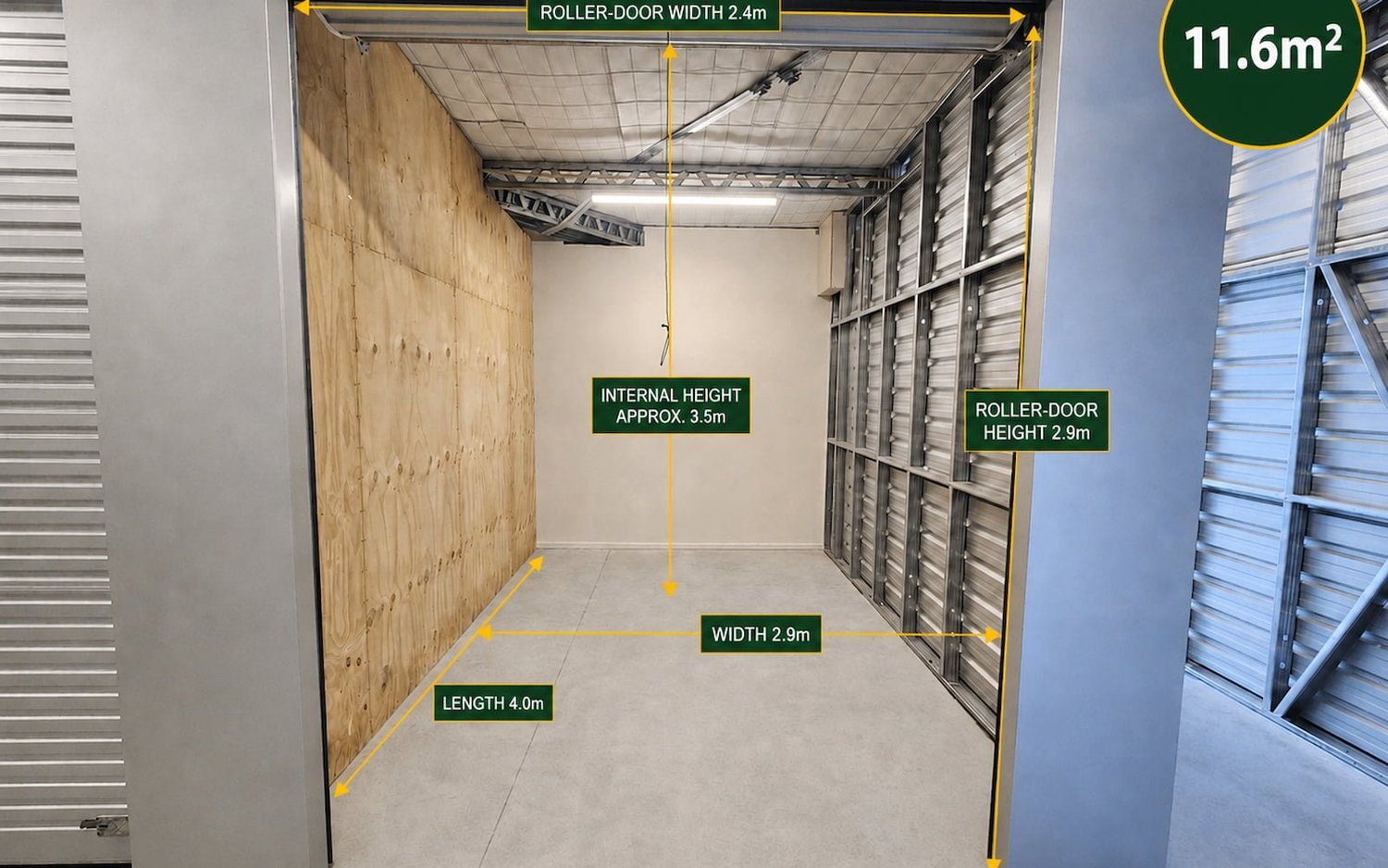 11.6 m² medium storage unit measuring 2.9 metres wide by 4 metres long at Myt4you Storage Ravenswood.