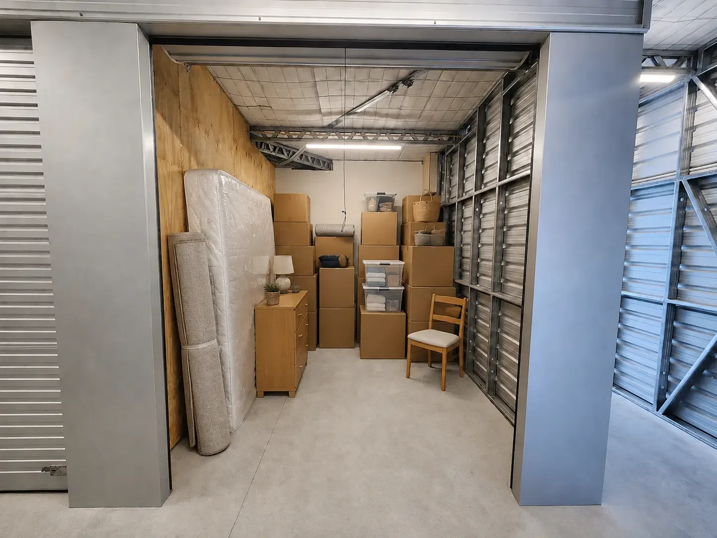 Household furniture and boxes packed inside a storage unit at Myt4you Storage Ravenswood
