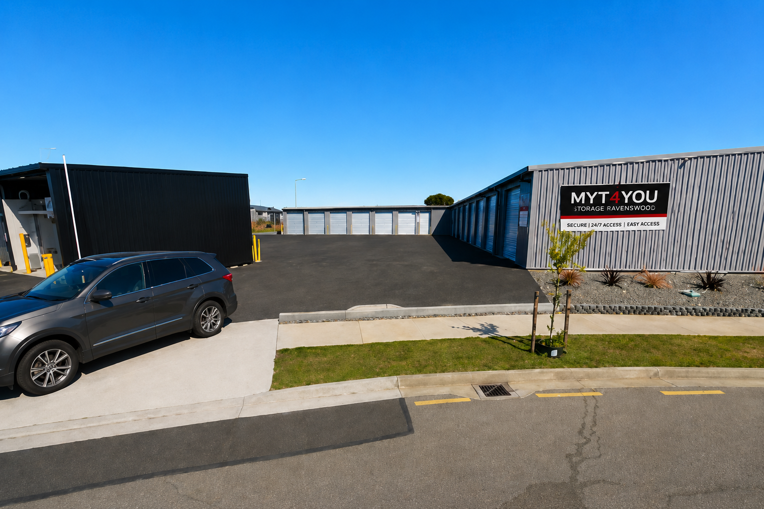 Myt4you Storage Ravenswood self-storage facility offering secure indoor caravan storage with wide driveways, 24/7 access, individually alarmed units and CCTV security in North Canterbury.