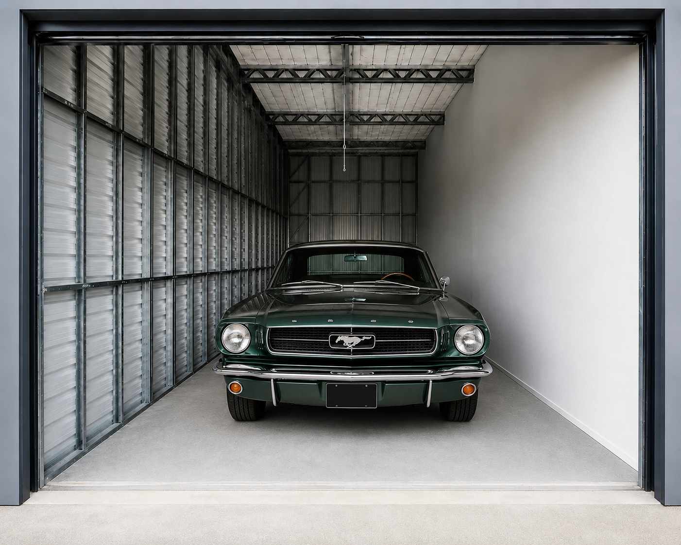 Classic car securely stored inside a premium self-storage unit at MYT4YOU Storage in Ravenswood, featuring a clean, dry unit with wide roller door access.