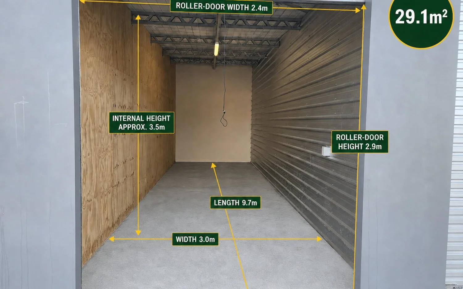 29.1 m² extra large storage unit measuring 3 metres wide by 9.7 metres long at Myt4you Storage Ravenswood.