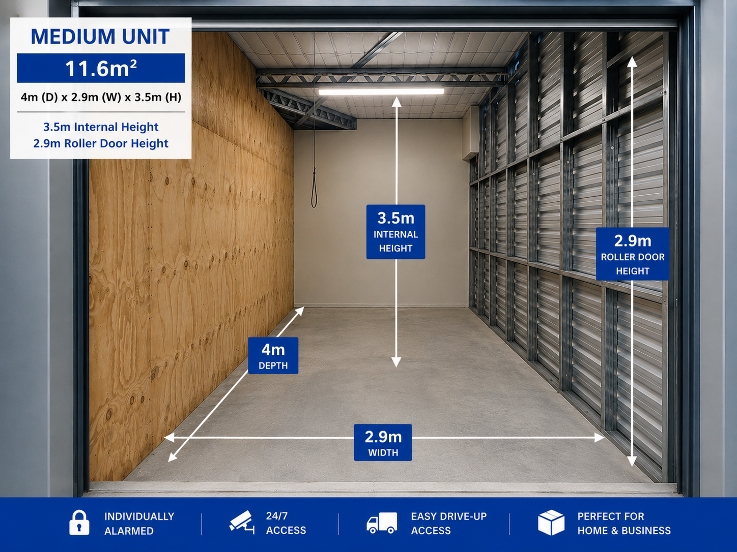 Medium 11.6m² storage unit suitable for household storage, business inventory and motorbike storage.