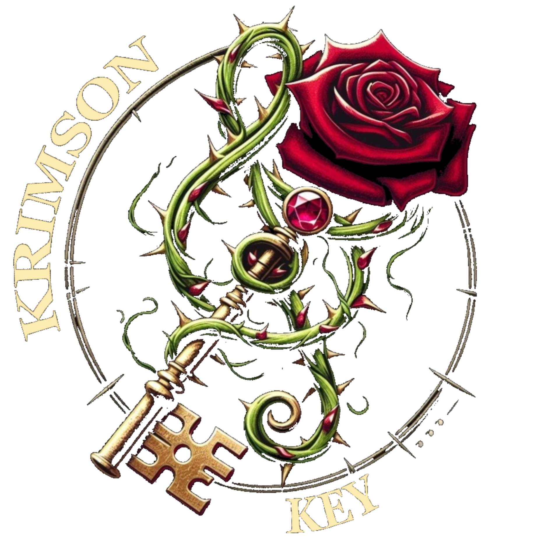 A decorative key wrapped in green thorny vines with a red rose attached, surrounded by the words "LICHENSON KEY" in a circular design.