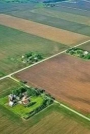 Aerial view of farmland with fields divided by roads, showing different crops and small buildings.
