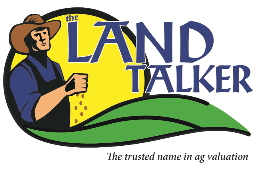Logo for the Land Talker with an illustration of a woman holding a magnifying glass, wearing a hat and apron, with a yellow background and green hills, and the tagline "The trusted name in ag valuation."