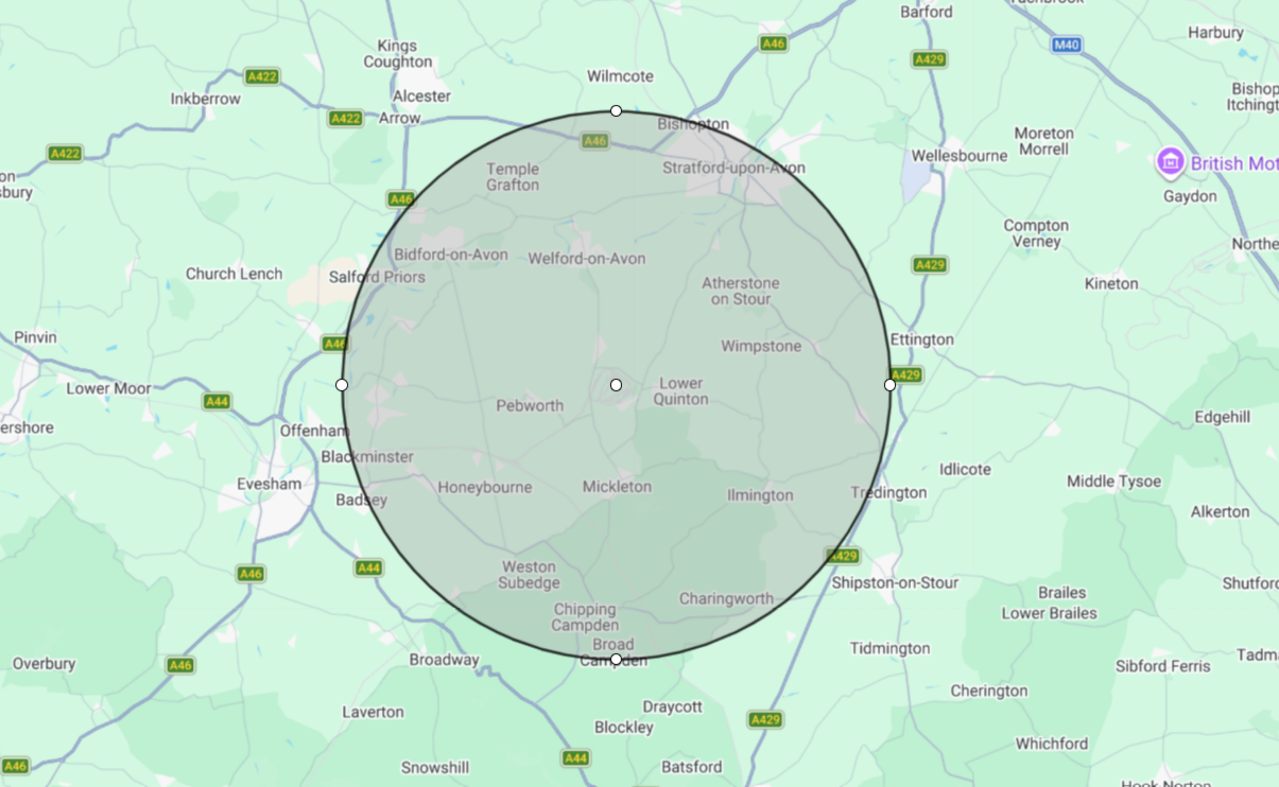 Map showing the the service area of Meon Vale, Stratford-upon-Avon and surrounding areas with a circular overlay and boundaries marked around the city.