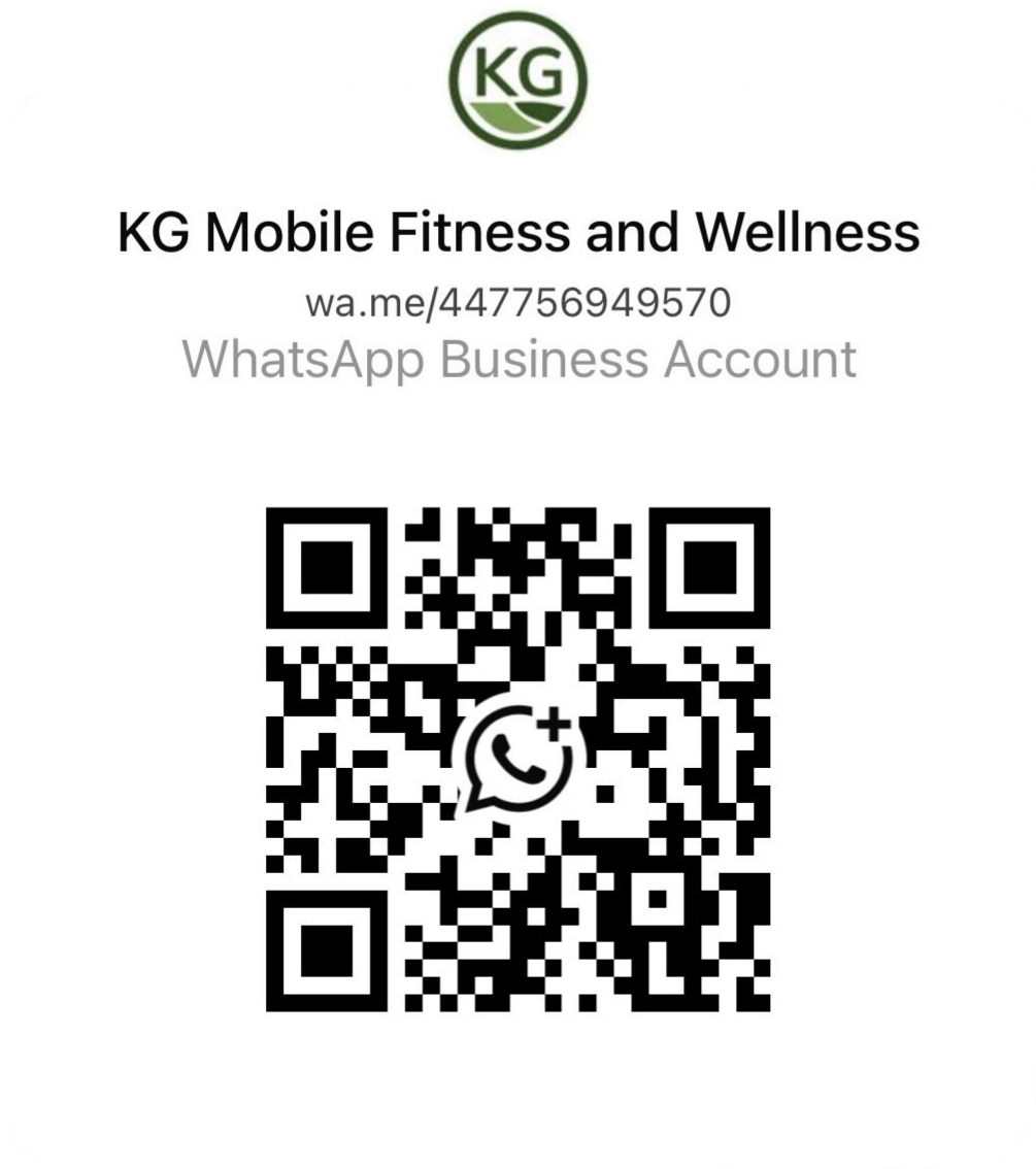 Business card for KG Mobile Fitness and Wellness, including a QR code, WhatsApp link, and contact information.