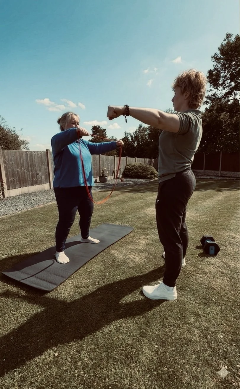 A woman and a girl practicing fitness outdoors on a grassy yard with a wooden fence, trees, and clouds in the sky. The girl is pulling on a resistance band while standing on a yoga mat. The woman is holding the other end of the resistance band, facing the girl, and wearing white shoes. The scene is sunny with a few clouds.