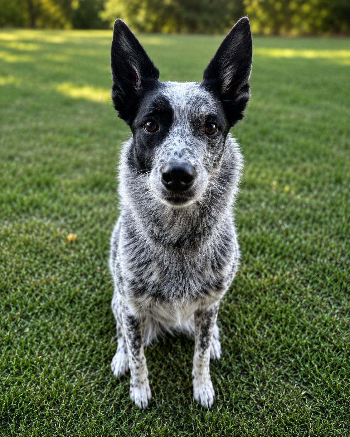 A black and white speckled dog with large ears standing on green grass with trees in the background.