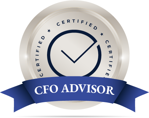 A certification badge with a checkmark inside a circle, surrounded by the words 'CERTIFIED' repeated, and a ribbon at the bottom labeled 'CFO ADVISOR' in white text on a dark blue background.