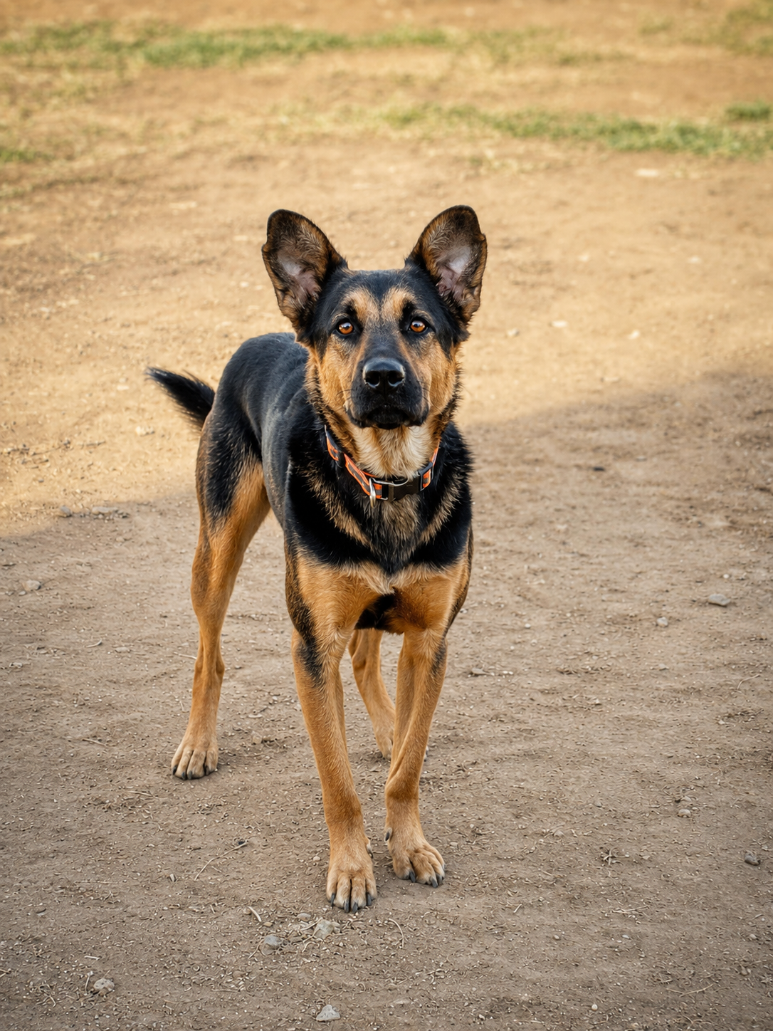 A black and tan mixed breed dog standing on dirt ground outdoors, looking directly at the camera, with a blurred natural background.