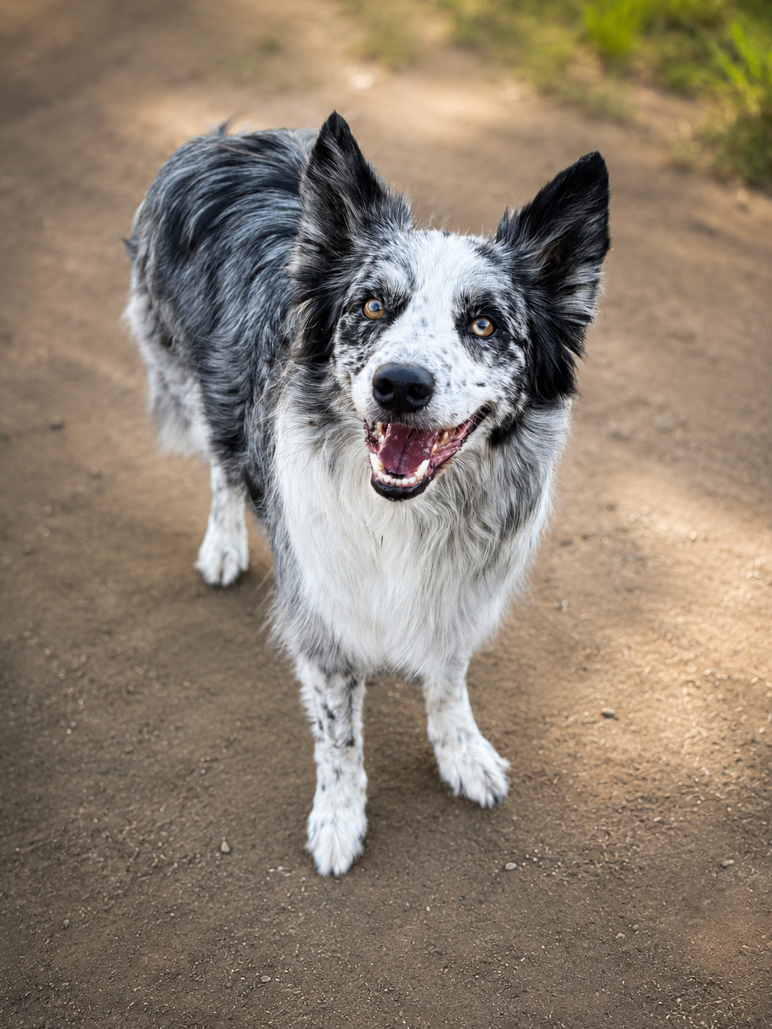 A happy black and white merle Australian Shepherd dog standing on a dirt trail outdoors.