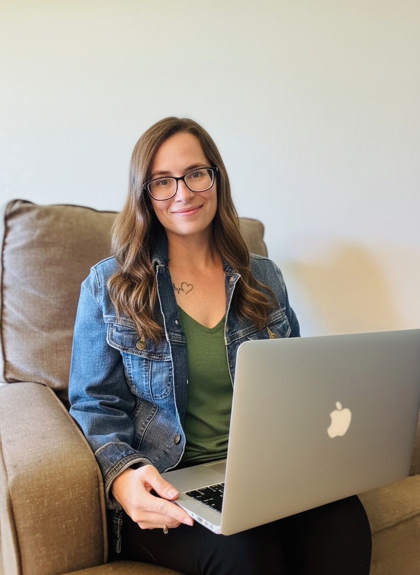 Photo of Virginia Gearhart, Founder of Gearhart Bookkeeping | Woman with glasses sitting on a beige couch using a silver MacBook laptop, wearing a denim jacket and green shirt.