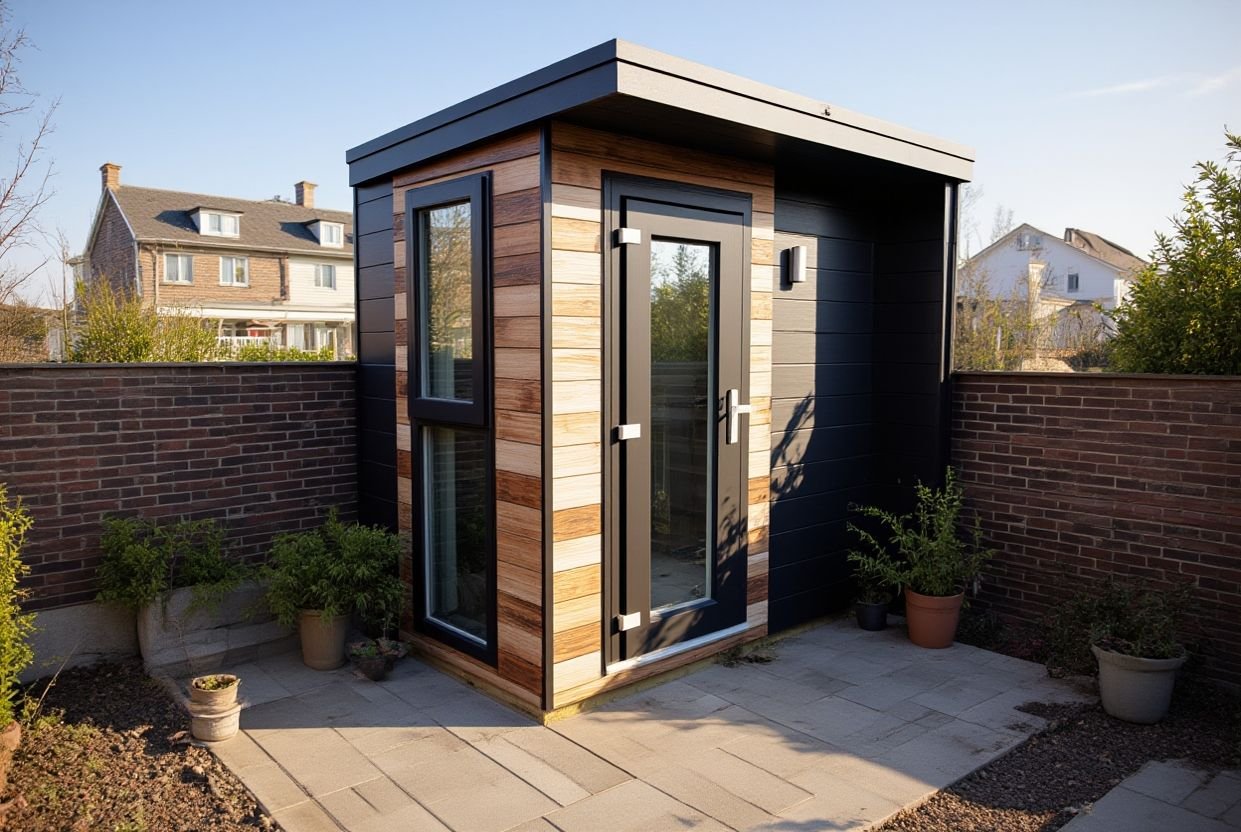 Small home office garden room with anthracite window and glazed door built using SIP panels.