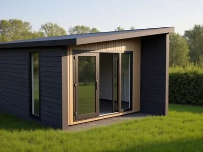 Garden room with high ceilings, tall windows and gently sloped roof showing flexible space.