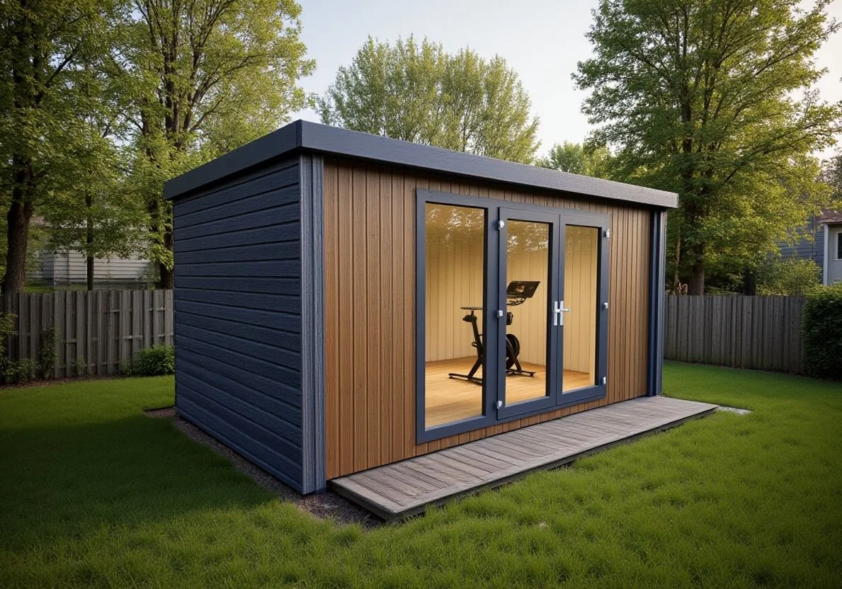 Garden room built with craftsmanship showing potential use as a home gym or studio.