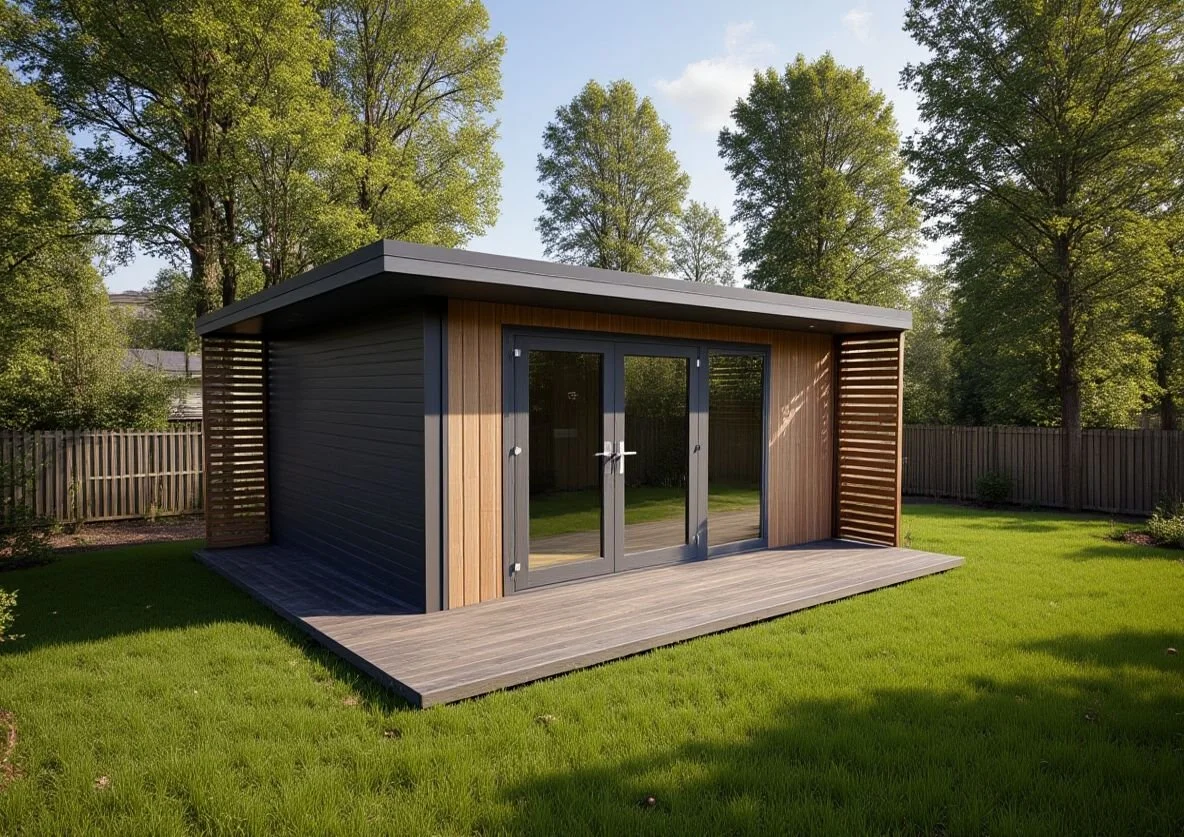 Structural Insulated Panel garden room with roof overhang to provide extra protection.