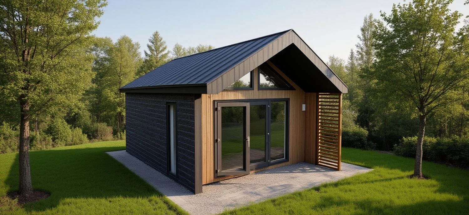 SIP insulated panel garden room with extra height and pitched roof, ideal for Golf Simulator.