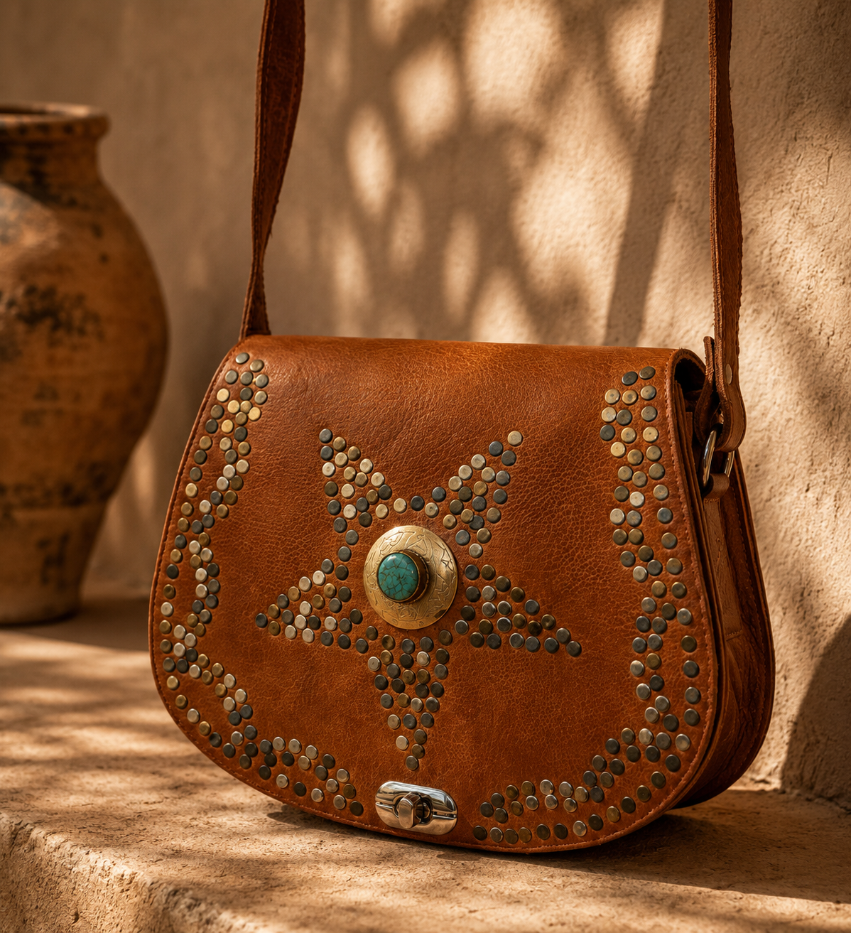 Turquoise Star Studded Leather Bag