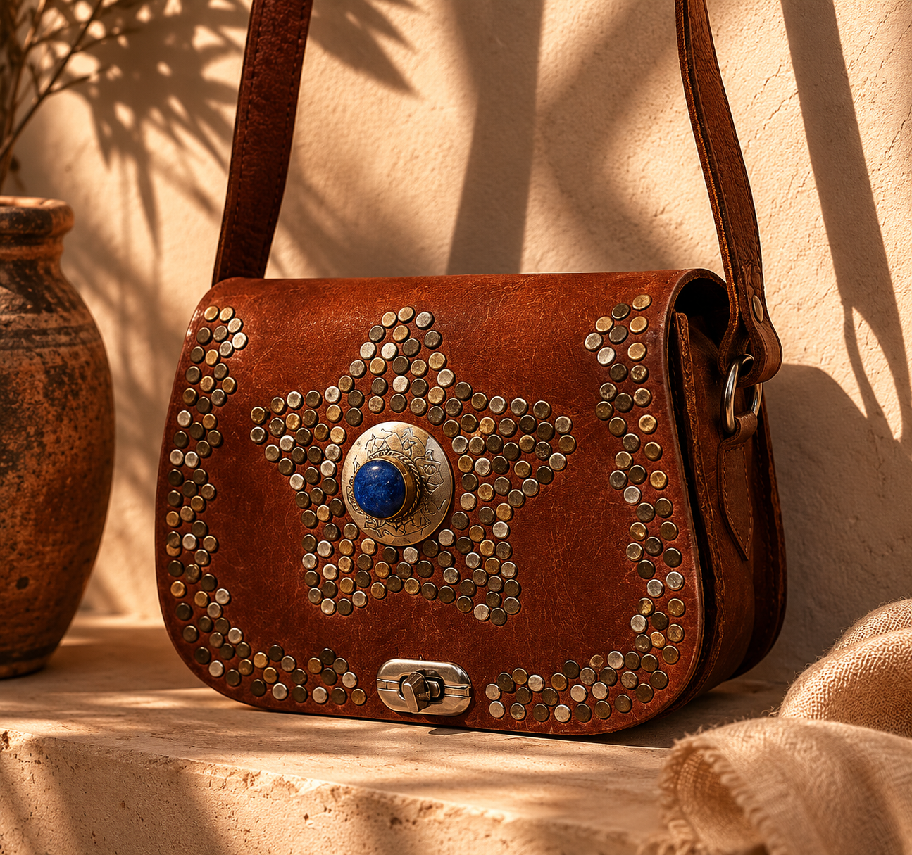 Blue Stone Studded Leather Bag