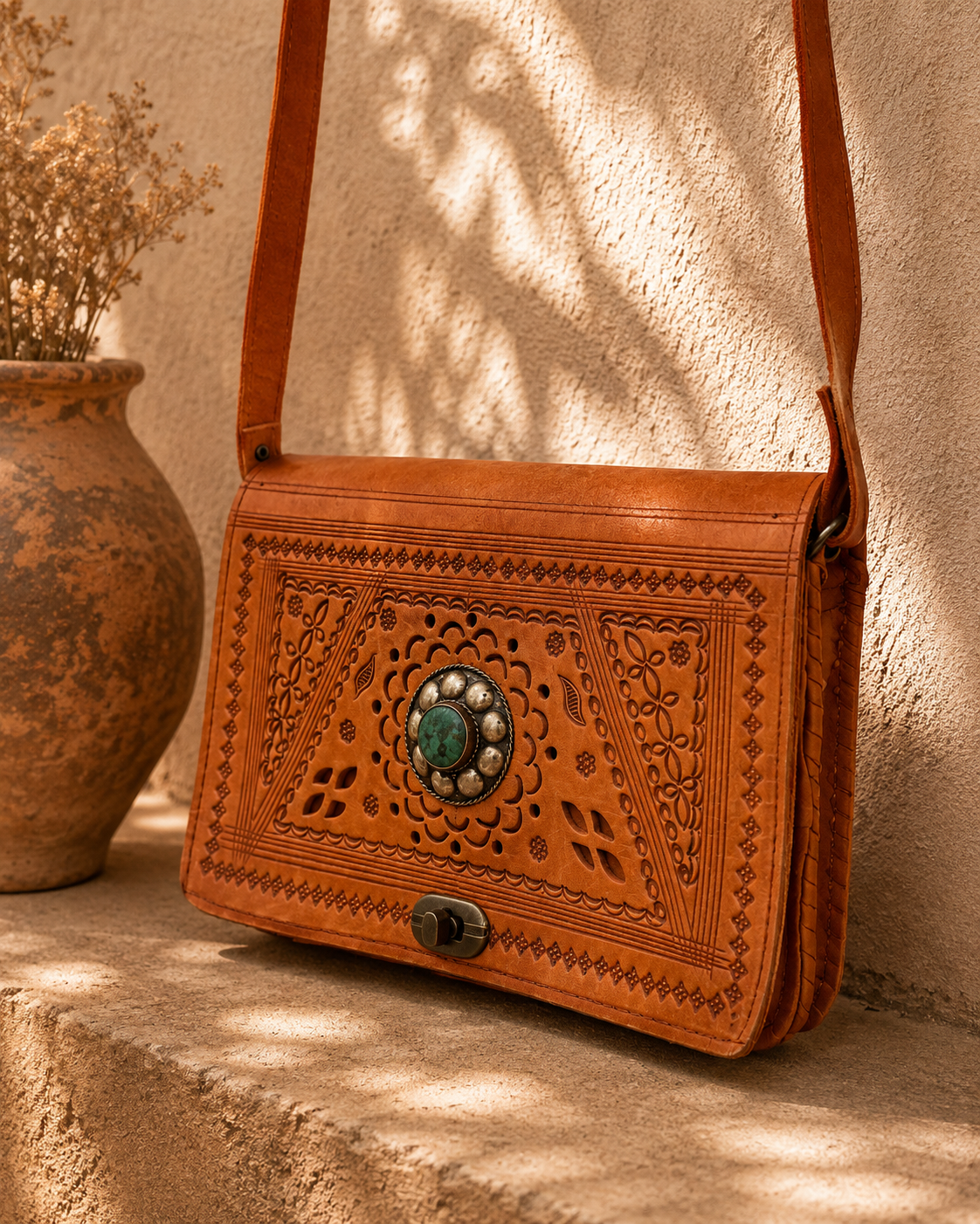 Tooled Leather Crossbody Bag
