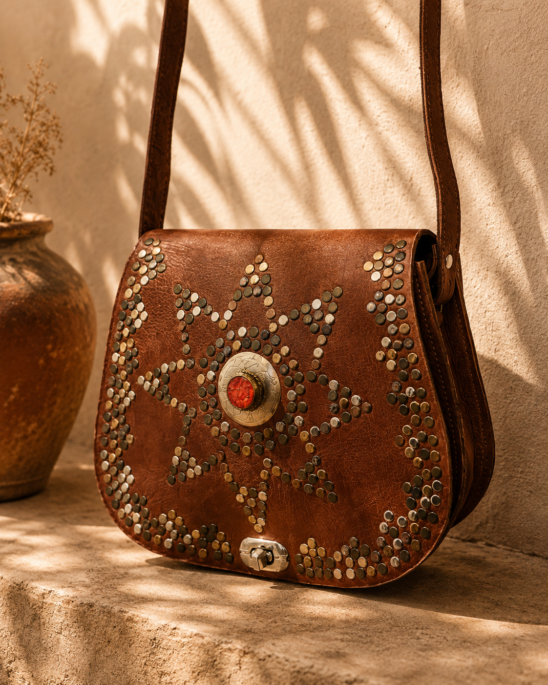Red Stone Studded Leather Bag