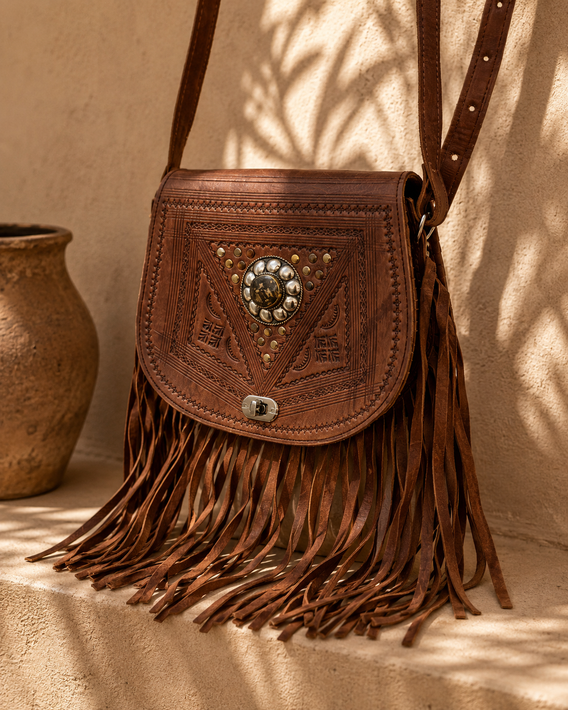 Fringed Tooled Leather Bag