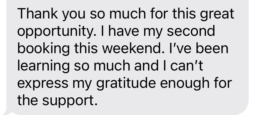 Screen capture of a thank you message expressing gratitude for a great opportunity and support.