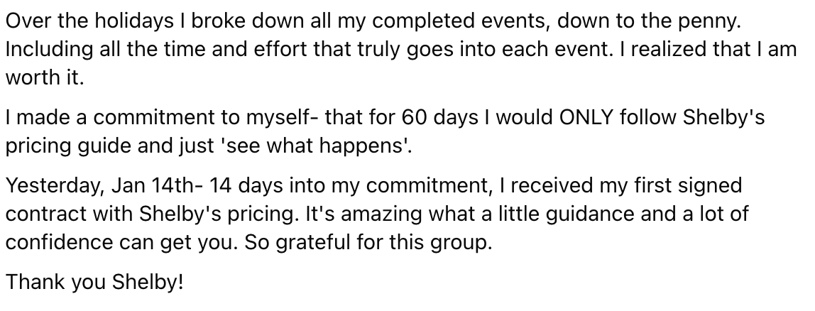 A screenshot of a testimonial or review praising Shelby for guidance in business, mentioning a 60-day commitment, signing a contract, and gratitude toward Shelby.