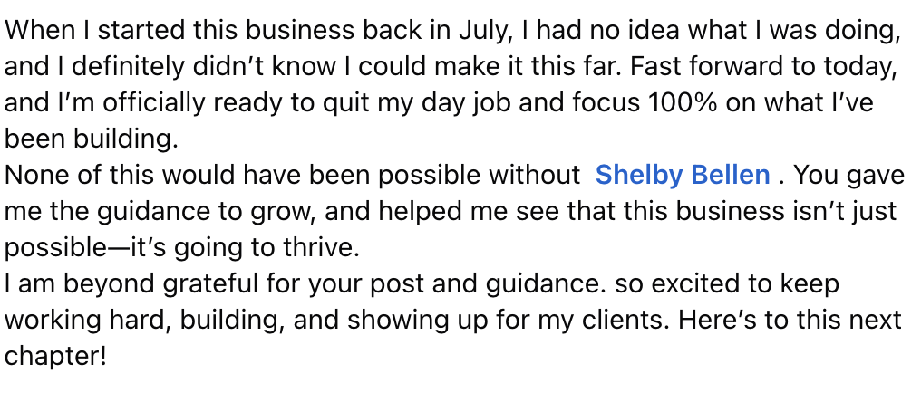 Text excerpt expressing gratitude and excitement about building a mobile bar business, with a shoutout to Shelby Bellen for helping her do it!