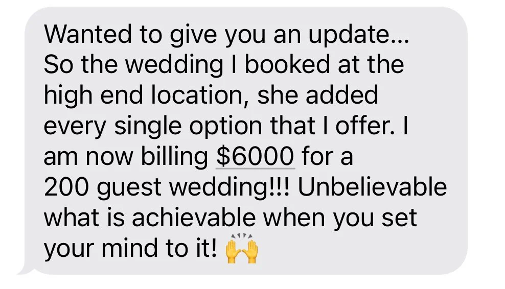 Text message discussing wedding planning, cost, and the speaker's achievement of billing $6000 for a 200 guest wedding.