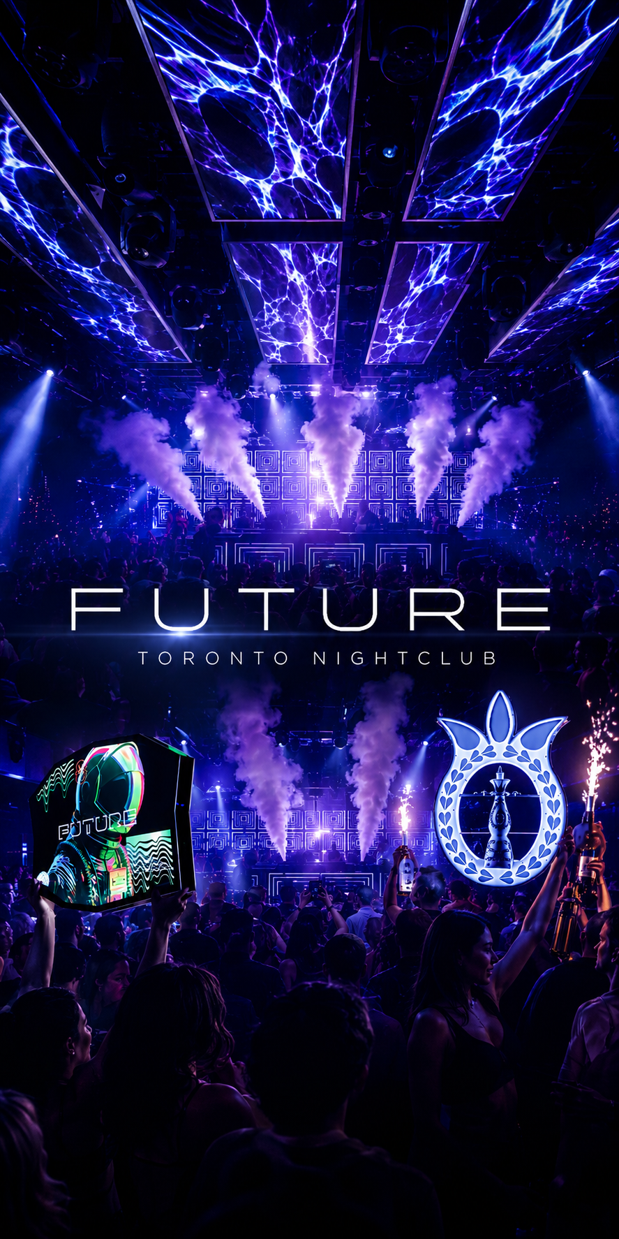 A vibrant Toronto nightclub scene with blue and purple lighting, smoke effects, a DJ booth, and large crowd. The ceiling has abstract blue lightning patterns. The text reads 'FUTURE TORONTO NIGHTCLUB.' There are digital displays and people holding signs, including one of a futuristic astronaut and a large logo.