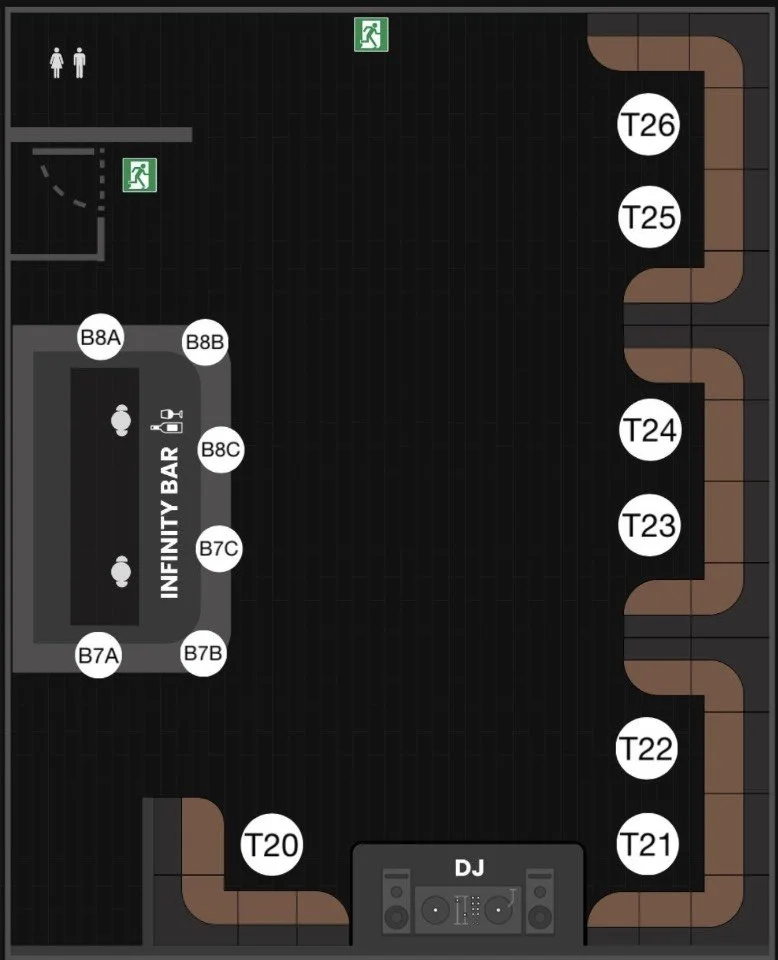 Floor plan of a bar area with a DJ booth, including labeled seating around the bar and on the right side, and emergency exit signs at the top and left side.