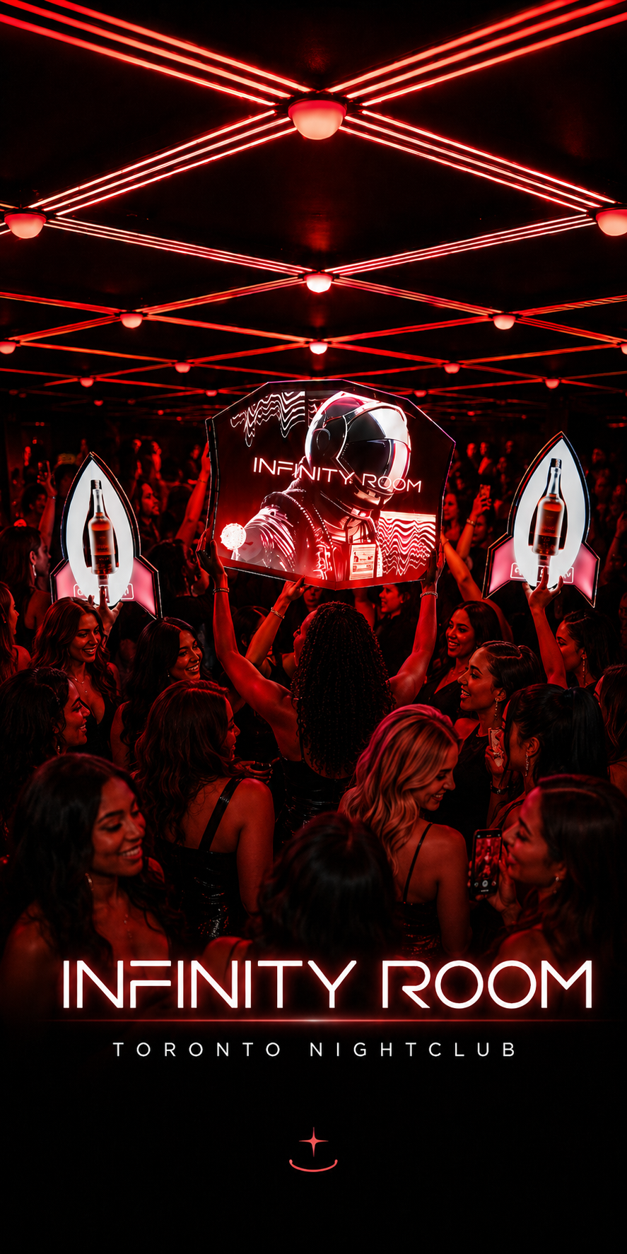 A crowded Toronto nightclub called Infinity Room, with a woman holding a large illuminated sign featuring a person in futuristic gear and the words 'Infinity Room.' The club has red neon lighting and several people are taking photos and enjoying themselves.