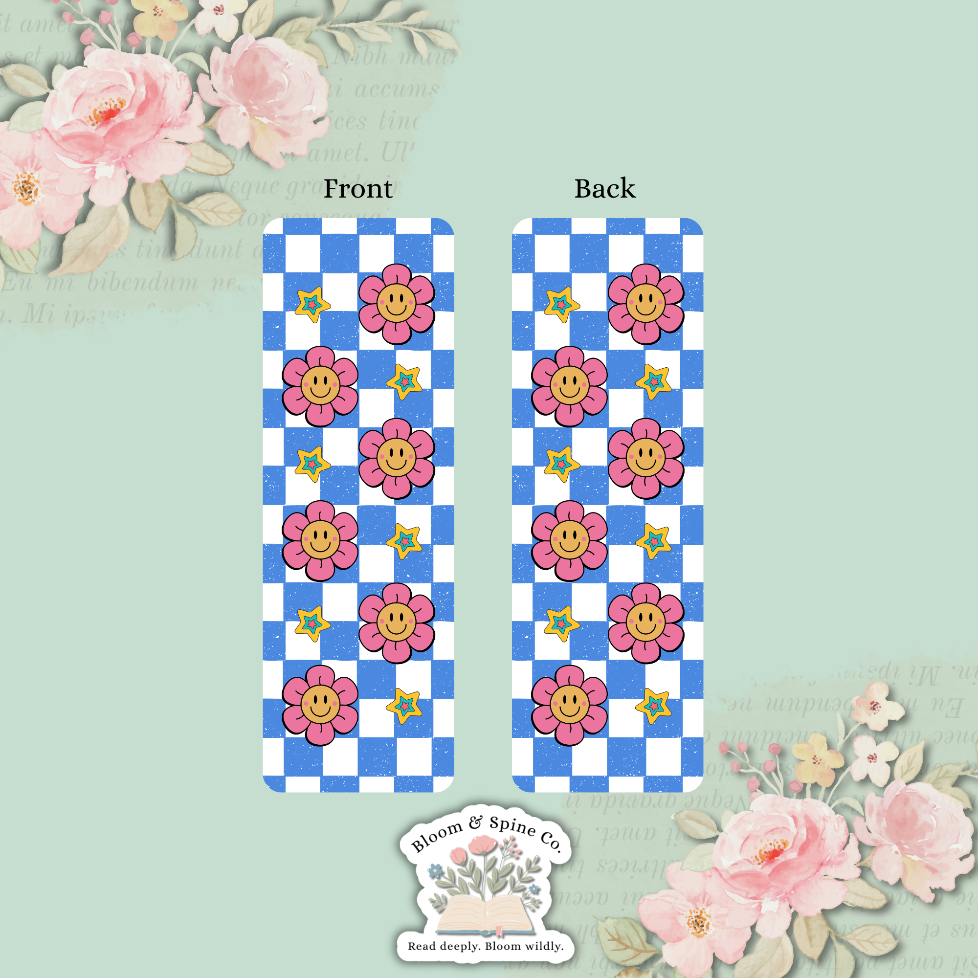 Blue Checkered with Pink Flowers Bookmark