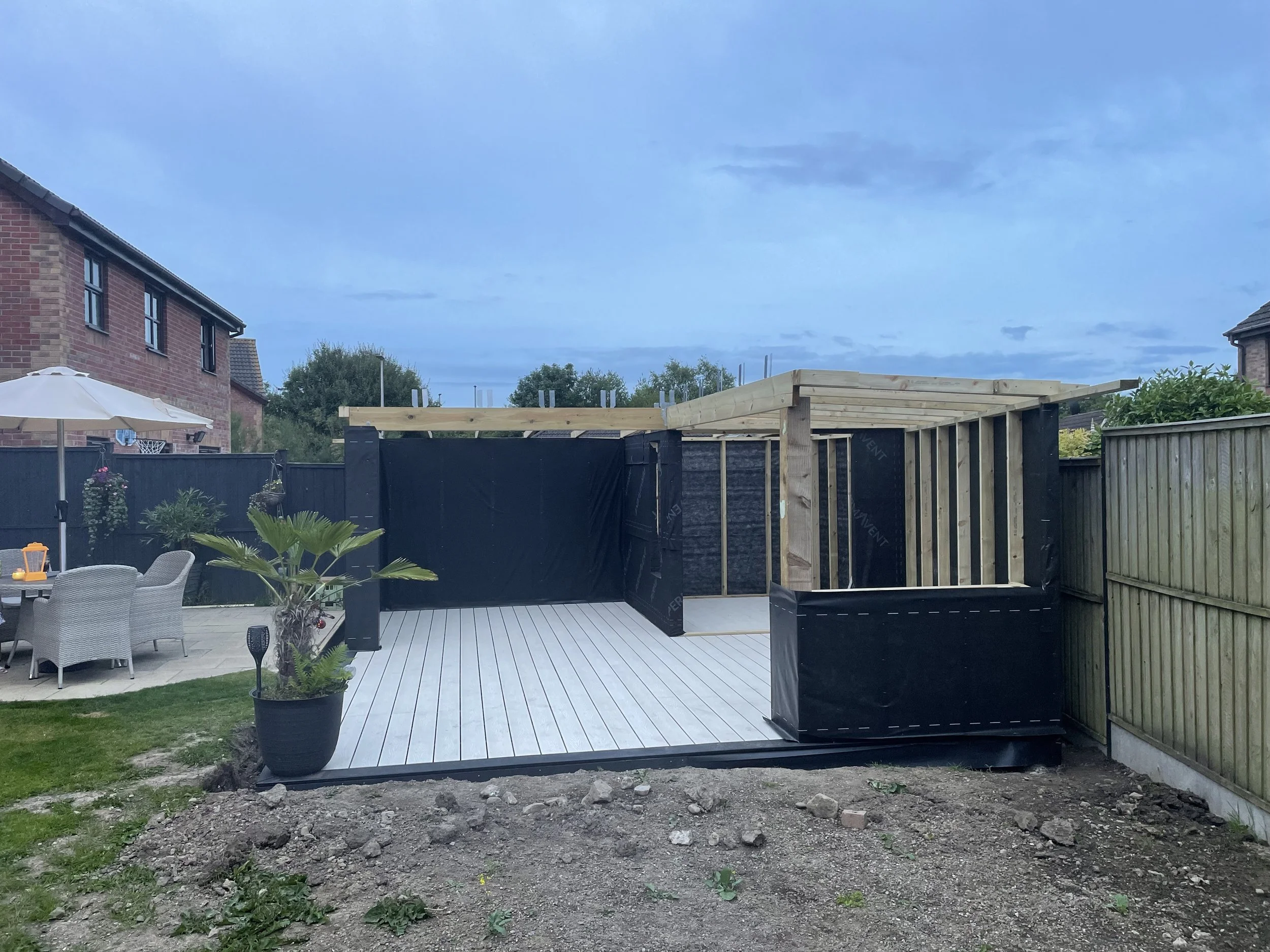 Walls build boarded with 18mm OSB and finished of with a breathable membrane