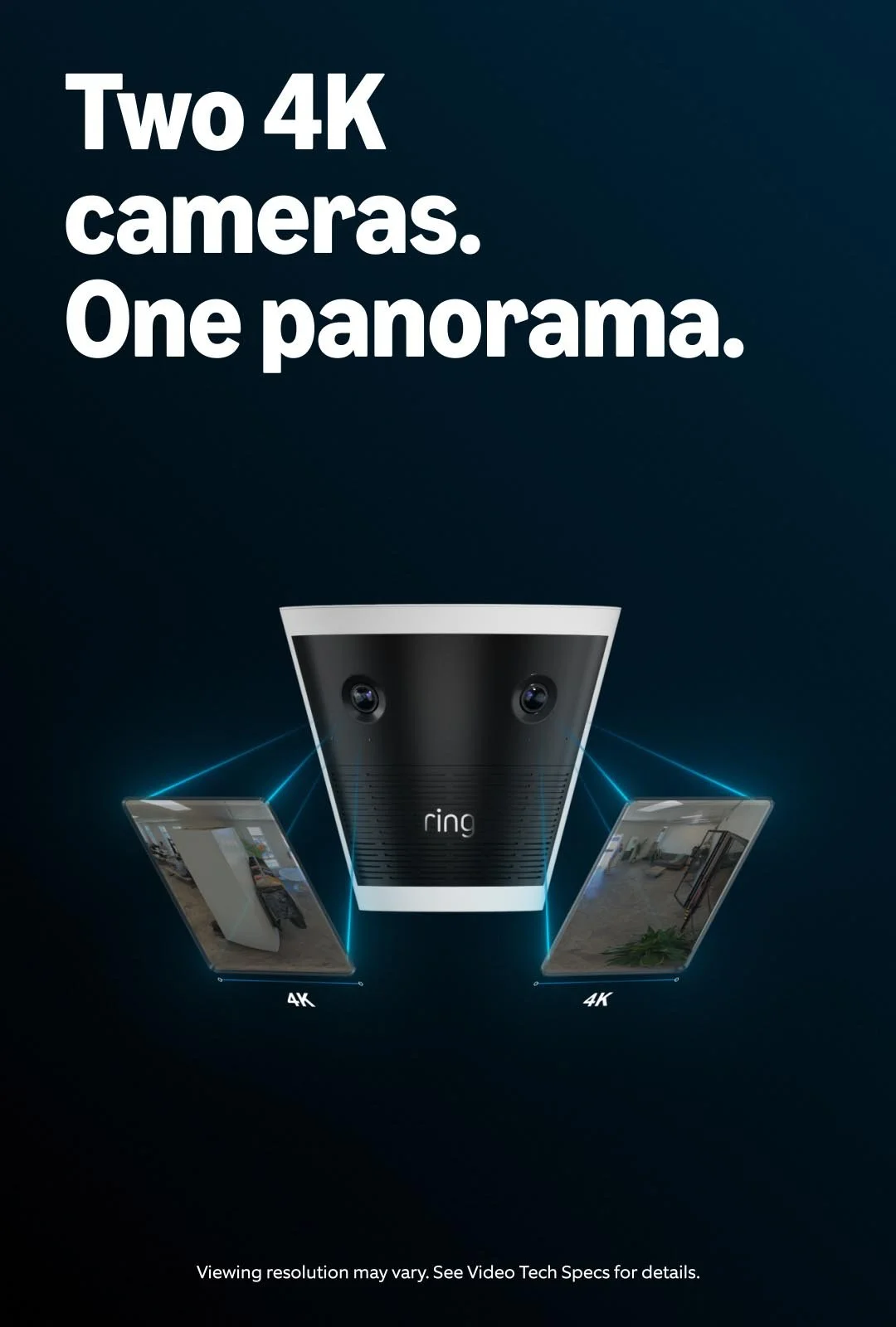 Graphic advertisement for Ring, highlighting two 4K cameras, one panorama. Features a Ring security camera with two 4K cameras on either side, connected to a smartphone app.