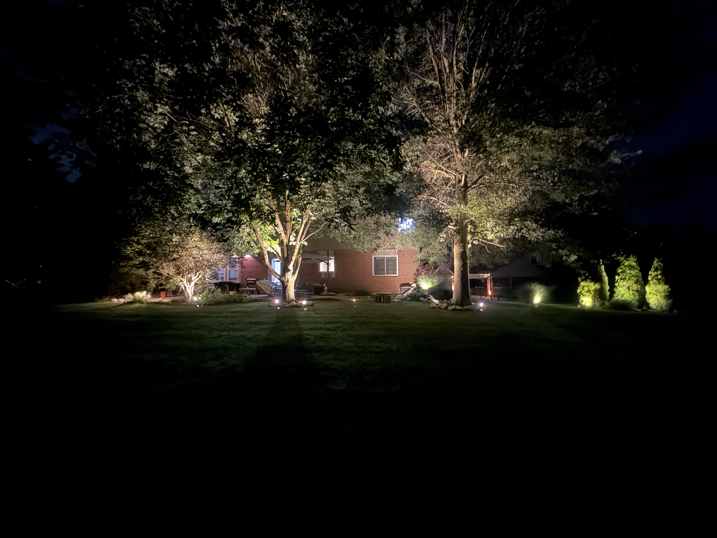 Warm 2700K uplighting and underwater lighting installed in a Pierce Township Ohio backyard 