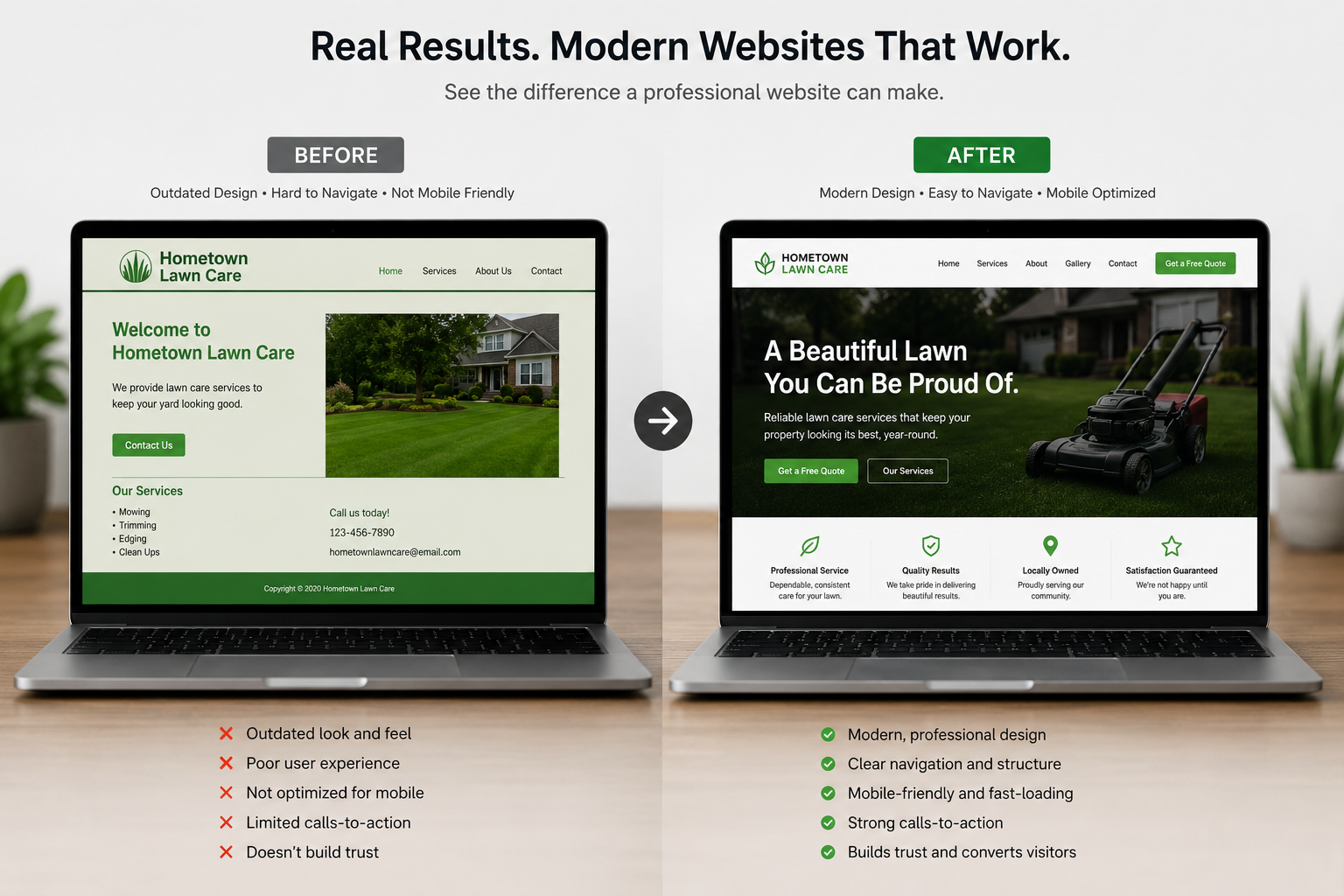 Comparison of two website designs for Hometown Lawn Care, showing an outdated, hard-to-navigate, non-mobile friendly homepage on the left and a modern, easy-to-navigate, mobile-optimized homepage on the right, highlighting benefits of modern design.