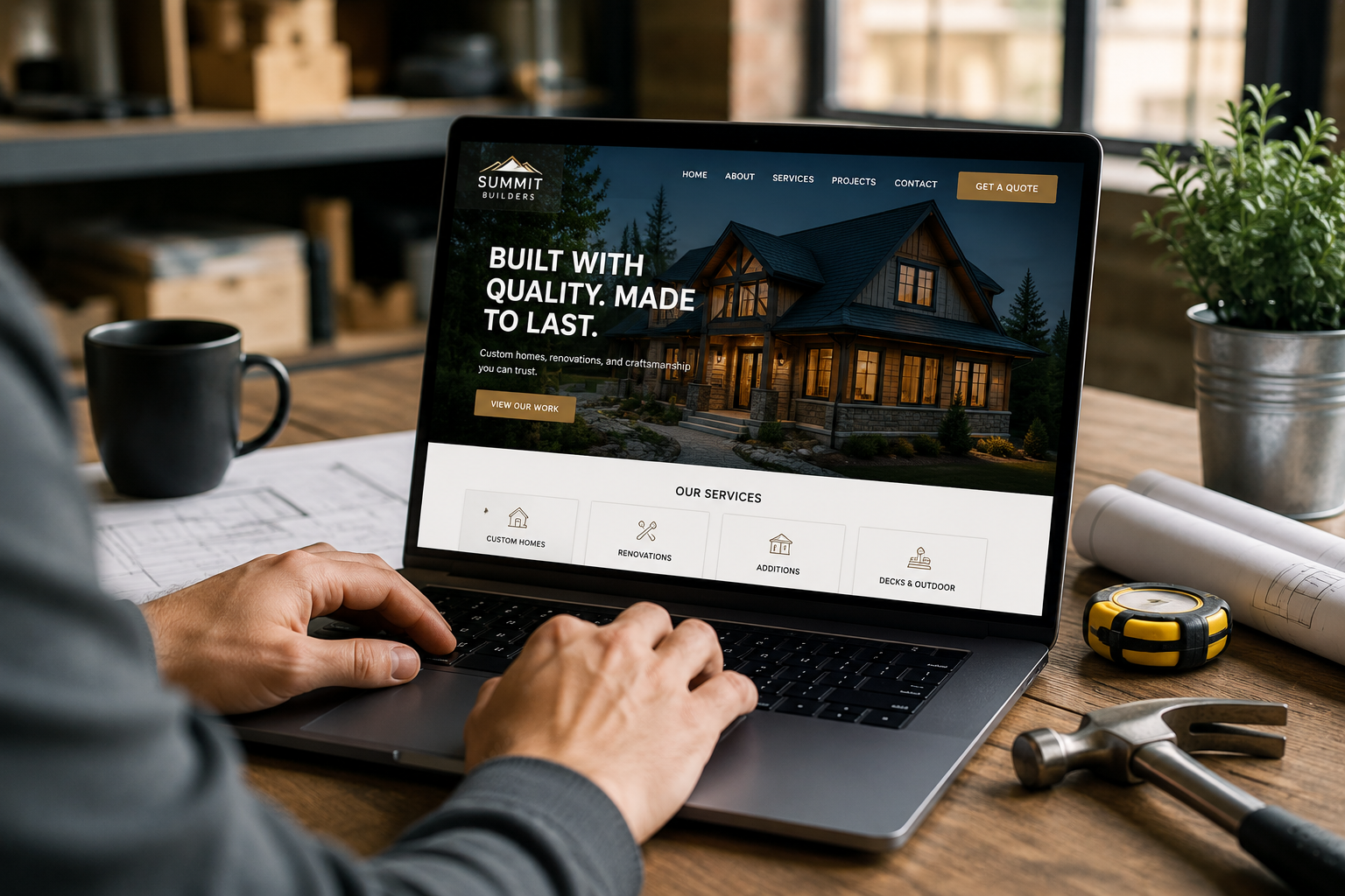 Person using a laptop on a wooden desk, viewing a website for Summit Builders showcasing a custom house with dark roof, with tools, a coffee mug, a plant, and a tape measure on the desk.