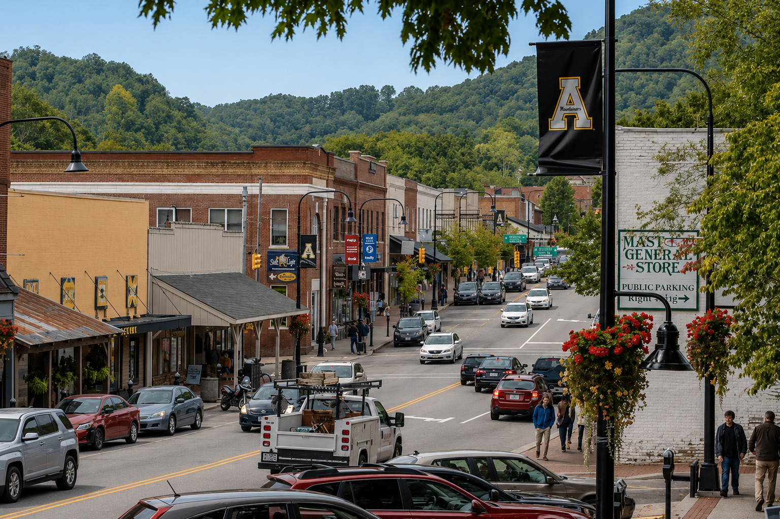 Main street in a small town with cars parked and walking traffic, brick buildings with shop signs, trees, mountains in the background, and decorative street lamps with hanging flower baskets.