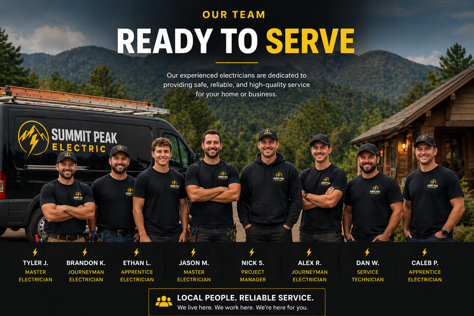 Group photo of seven electricians in black T-shirts and caps standing outdoors in front of a black van with Mountain Peak Electric logo. Scenic mountain background with a cabin. Text overlay promotes the team and their services.